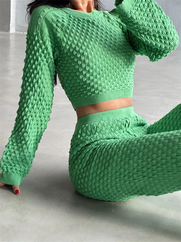 Damla Ajur Triko Pantolon Yeşil - Yeşil