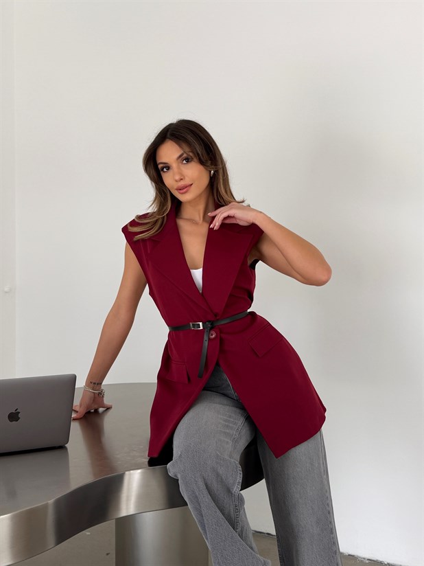 Deri Kemerli Yelek - Bordo