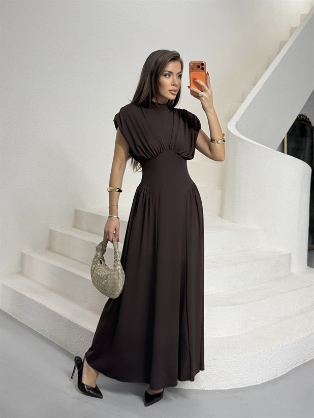 Korse Detaylı Drapeli Elbise - Kahve