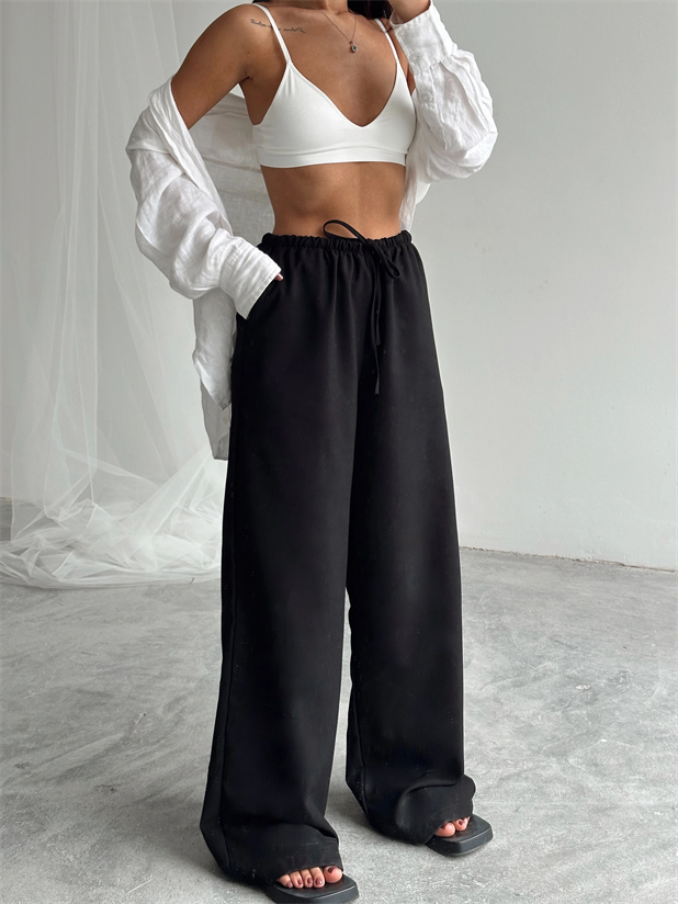 İnce Kemerli Salaş Pantolon - Siyah