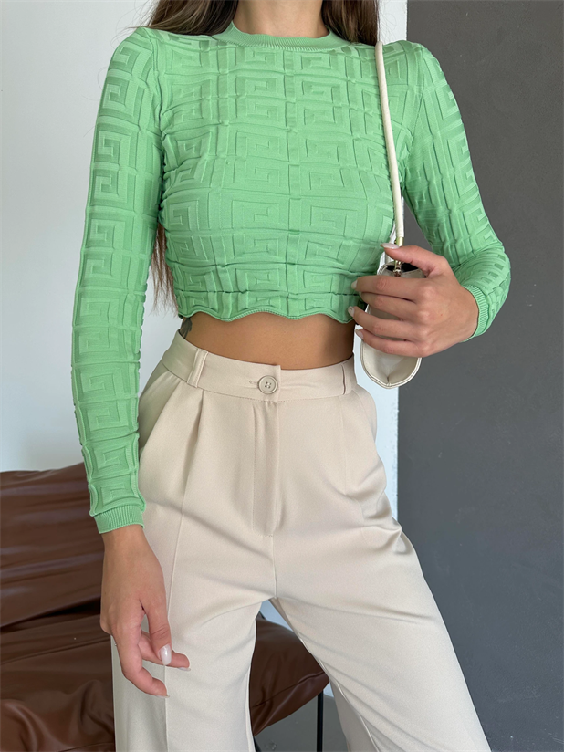 Labirent Desen Crop Triko Kazak Mint - Mint