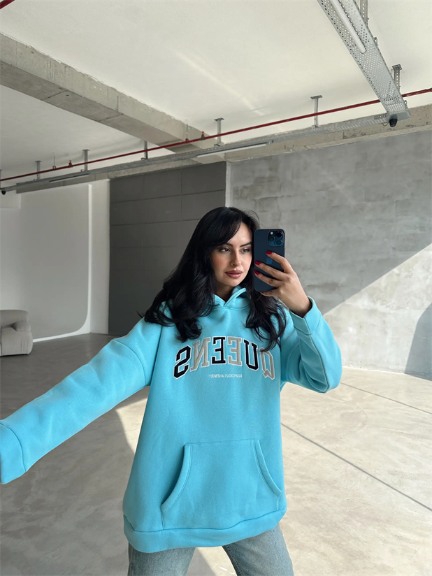 Queens Üç İplik Kapüşonlu Oversize Sweat Mavi - Mavi