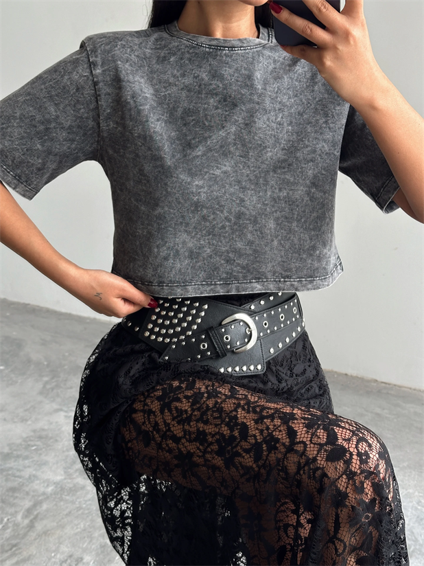 Yıkamalı Vatkalı Crop Basic - Füme