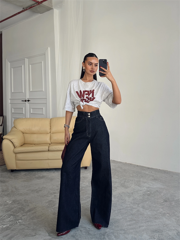 Geniş Kemerli Baggy Jean  - Dark Blue