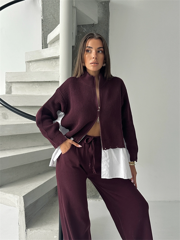 Poplin Fermuarlı Triko Takım - Mürdüm