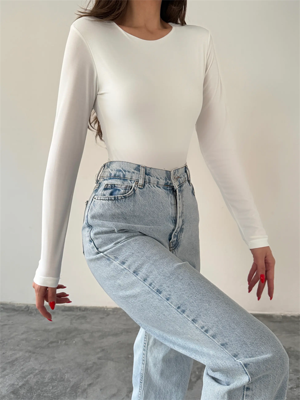 Bisiklet Yaka Bodysuit - Beyaz