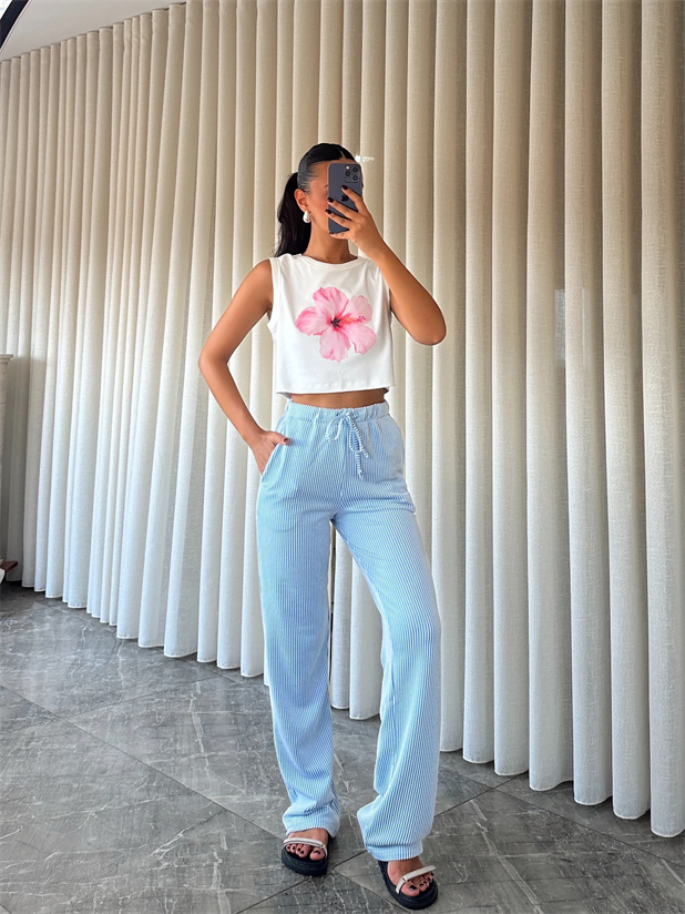 Çizgili Pantolon - Mavi