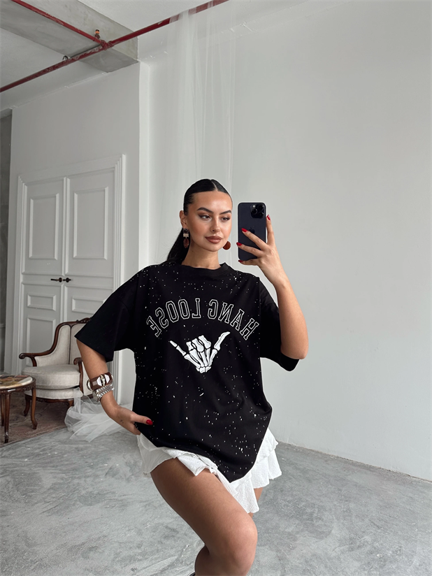 Hang Loose Baskılı Tshirt Siyah - Siyah