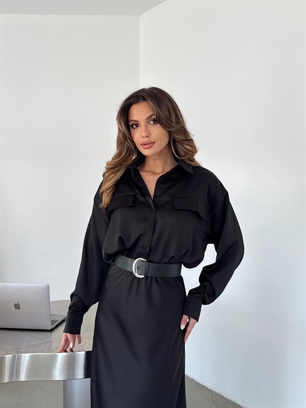Kapak Cepli Krep Saten Gömlek - Siyah