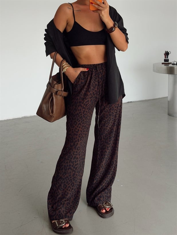 Desenli Parlak Keten Pantolon - Kahve