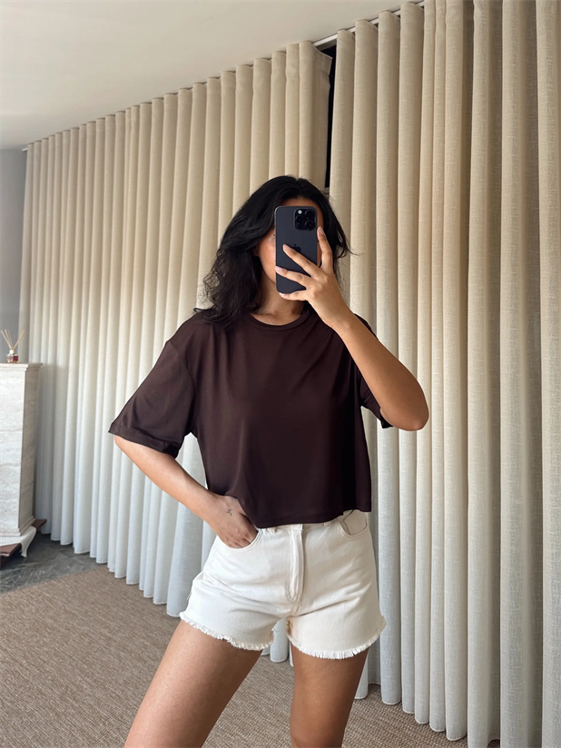 Düz Kısa Kol Crop Basic - Kahve