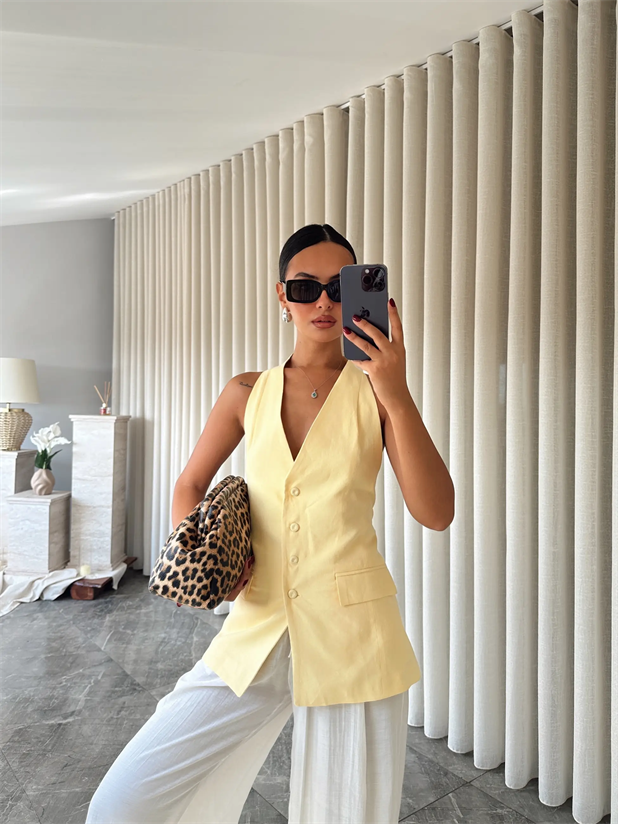 Sırt Dekolte Keten Yelek - Sarı