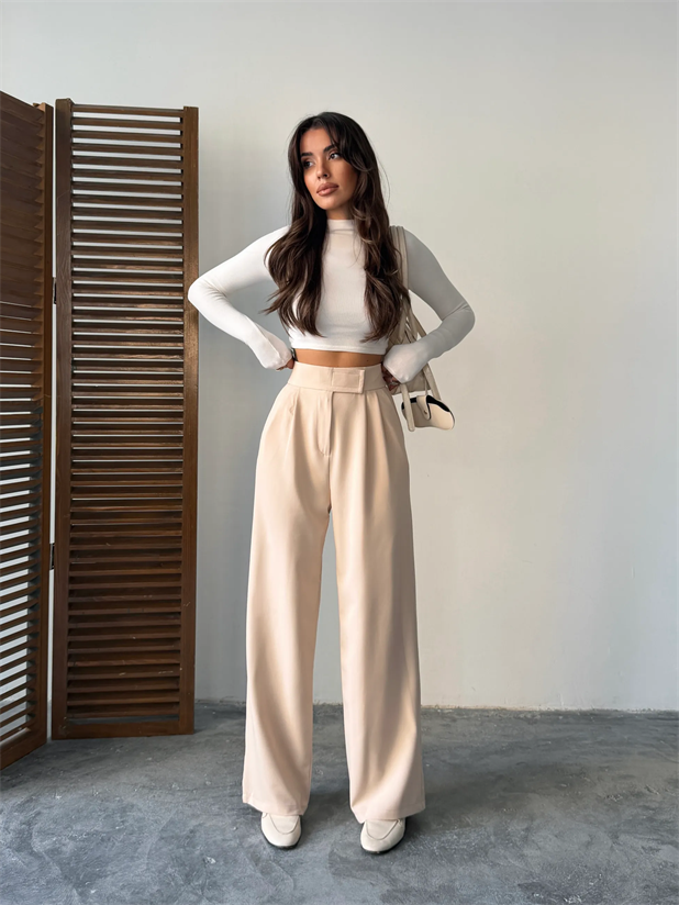 Bel Cırtlı Palazzo Pantolon  - Taş