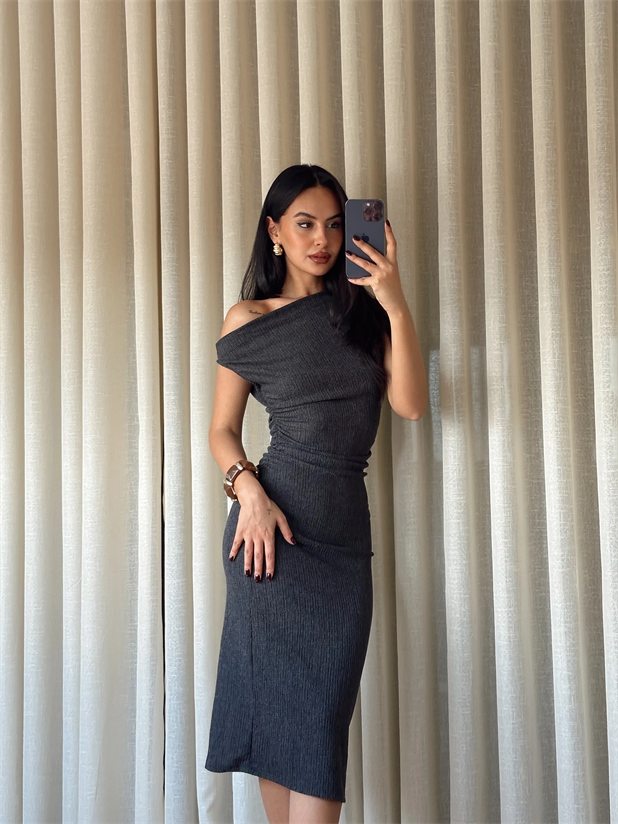 Yanları Drapeli Sıfır Kol Elbise - Antrasit