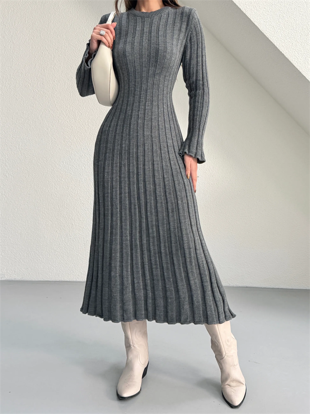 Bağlamalı Fitilli Triko Elbise - Antrasit