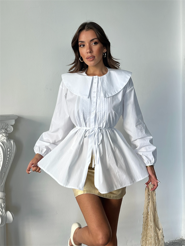 Geniş Yaka Poplin Gömlek - Beyaz