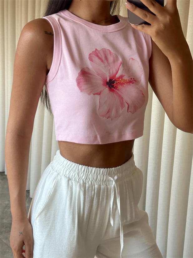 Çiçek Baskılı Crop - Pembe