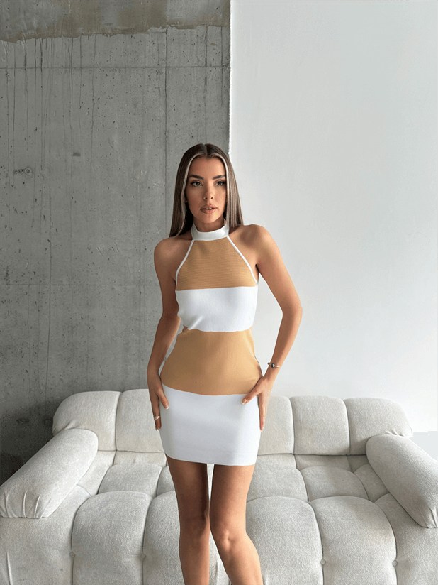 Boyun Bağlama Line Triko Elbise Beyaz-Vizon - Beyaz-Vizon