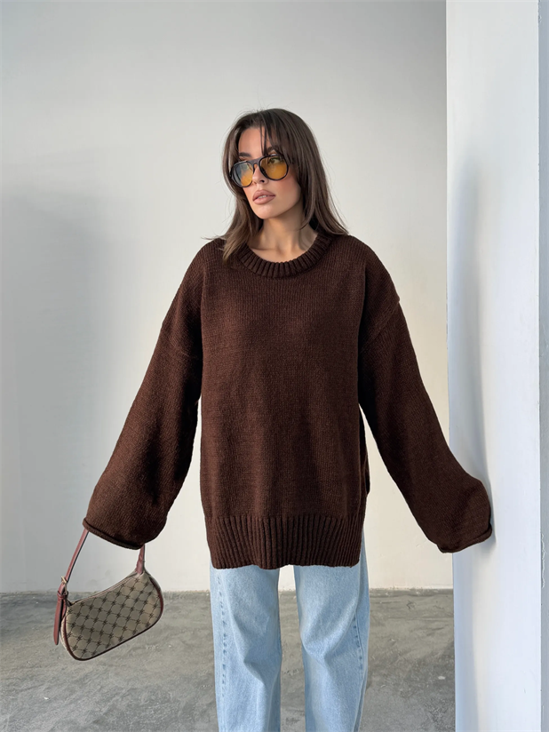 Yırtmaçlı Basic Triko  - Acı kahve