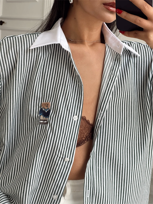 Çizgili Ayıcıklı Gömlek - Haki