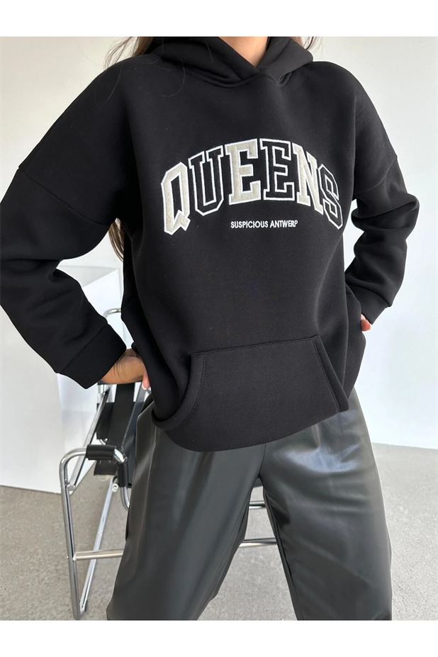 Queens Üç İplik Kapüşonlu Oversize Sweat Siyah - Siyah