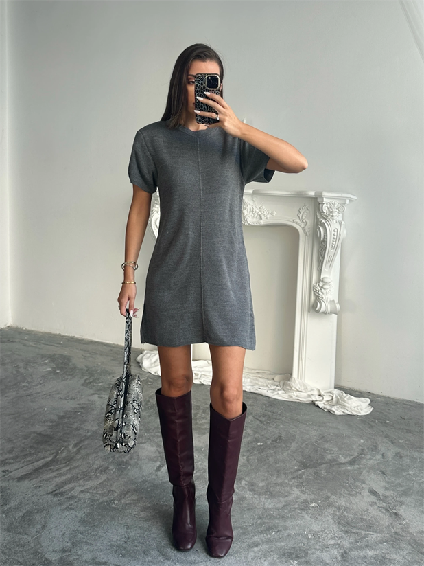 İnterlok Kumaş Kısa Kol Elbise - Gri