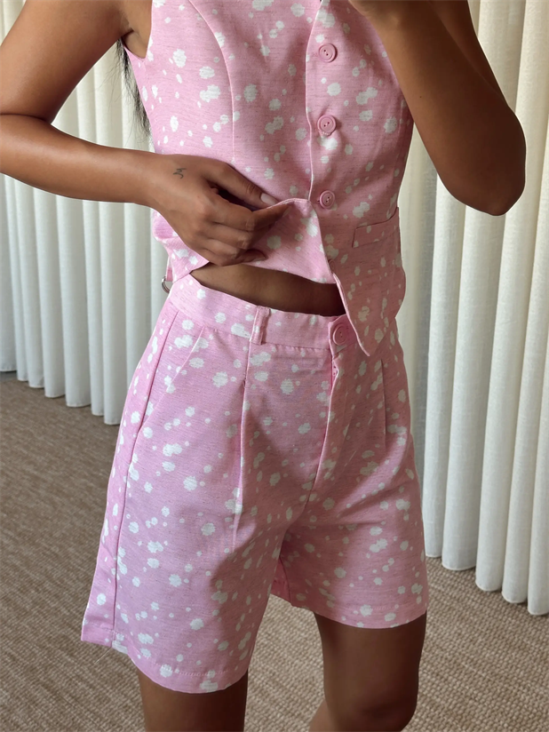 Desenli Şort-Yelek Takım  - Pembe