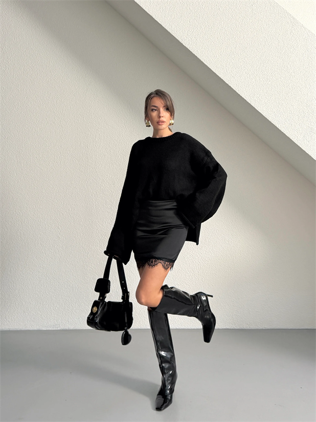 Dantel Detay Saten Mini Etek - Siyah