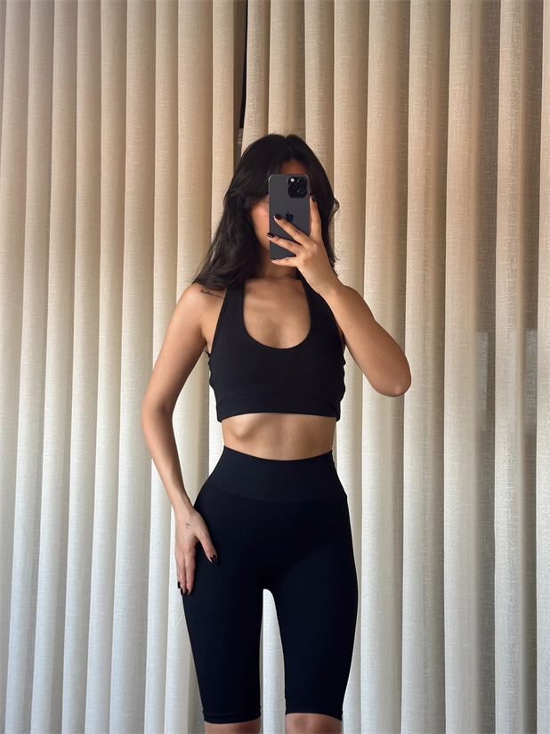 Fitilli Biker Tayt Siyah - Siyah