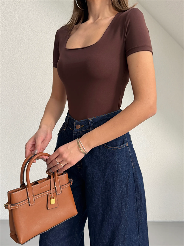 Kare Yaka Kısa Kol Bodysuit - Kahve