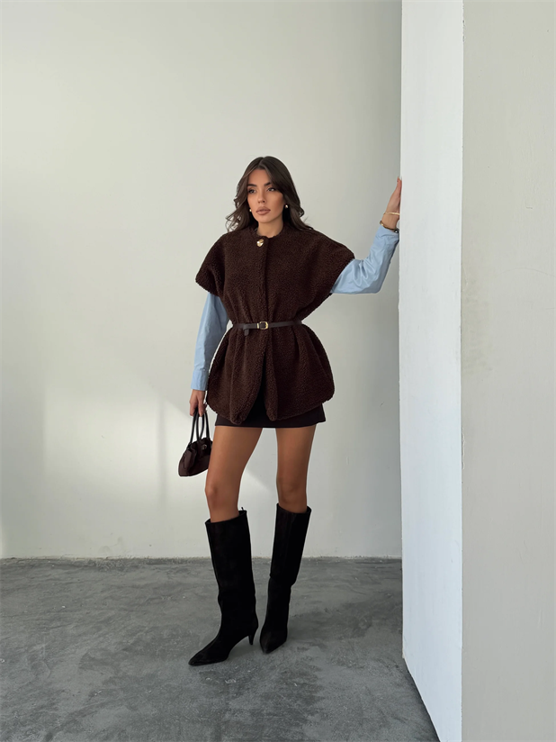 Kemerli Kürk Yelek - Kahverengi