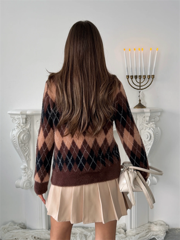 Baklava Desenli Yumoş Hırka - Kahve