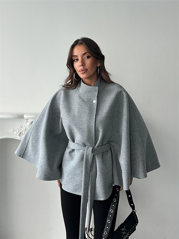 Kaşe Kuşaklı Pelerin Kaban - Gri