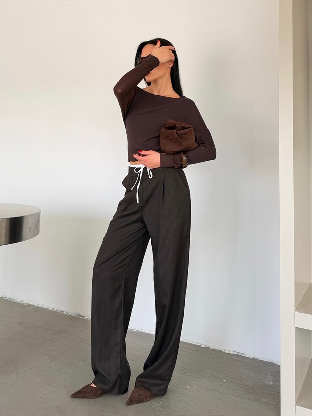 Bel Bağcık Çizgili Palazzo Pantolon - Kahverengi