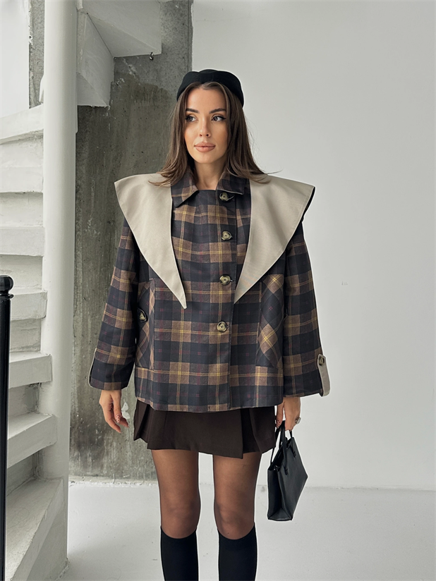 Pelerin Detay Kareli Ceket - Lacivert-Bej