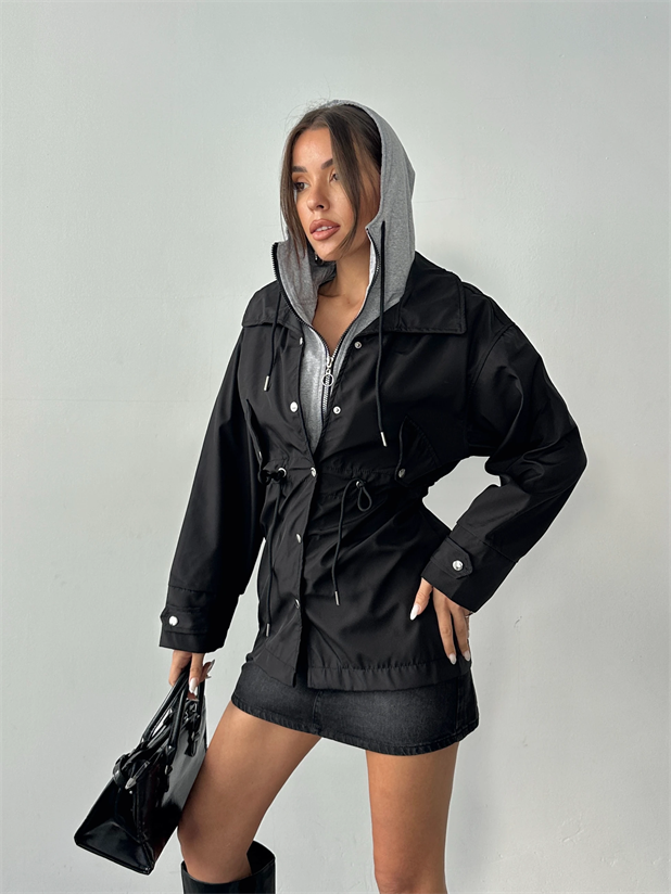 Kapüşonlu Cep Detay Yağmurluk - Siyah
