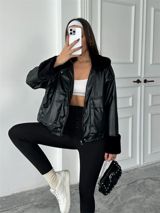 Kürklü Deri Mont - Siyah