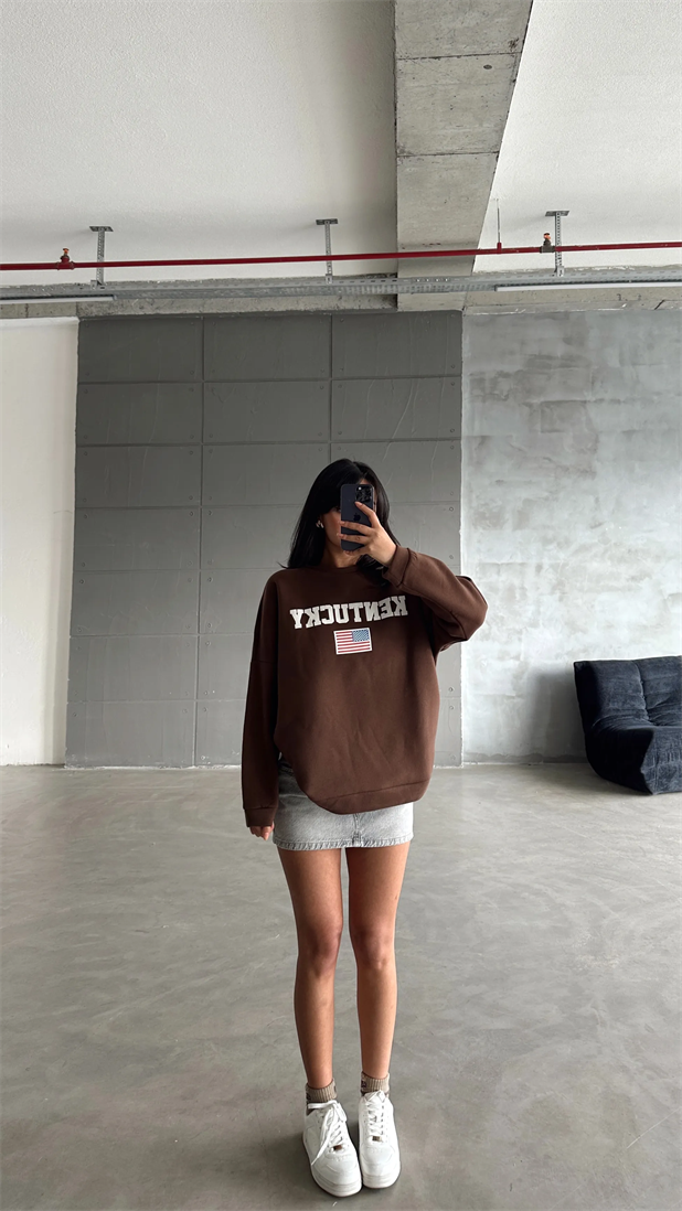 State Baskı Üç İplik Şardonlu Sweat Kahverengi - Kahverengi