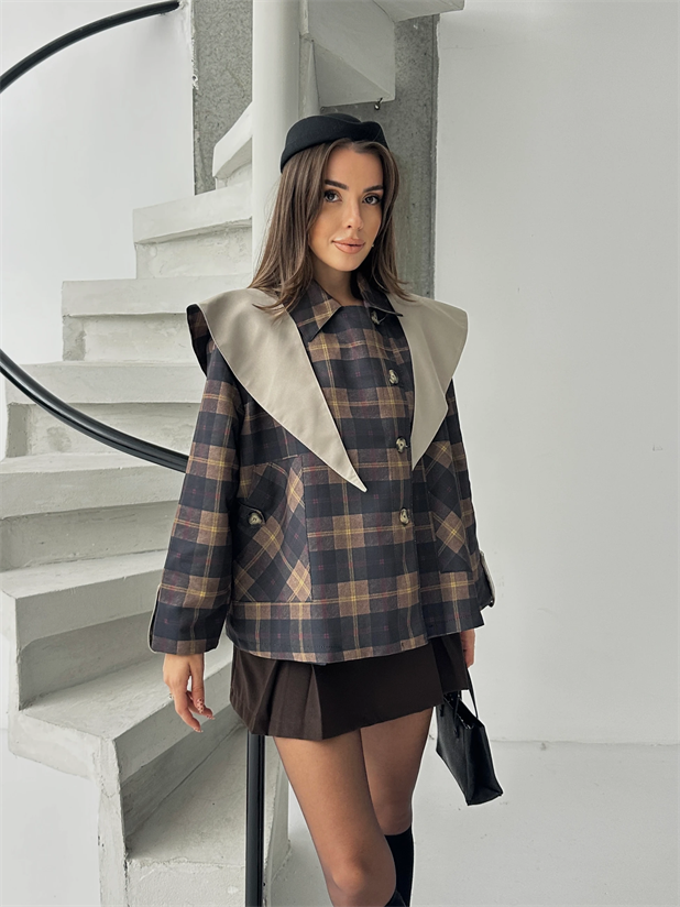 Pelerin Detay Kareli Ceket - Lacivert-Bej