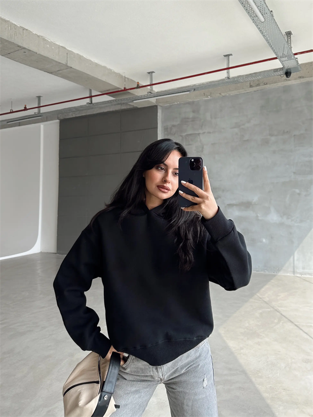 Kapüşonlu Sweatshırt Siyah - Siyah