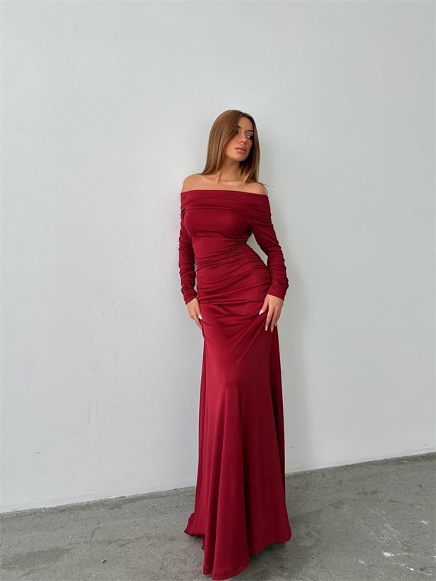 Madonna Yaka Uzun Elbise Bordo - Bordo