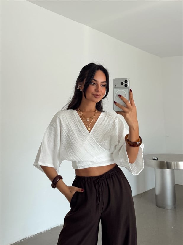 Bağlamalı Müslin Kimono Bluz - Beyaz