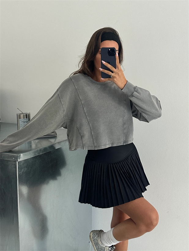 Modal Yıkamalı Crop Sweat - Gri