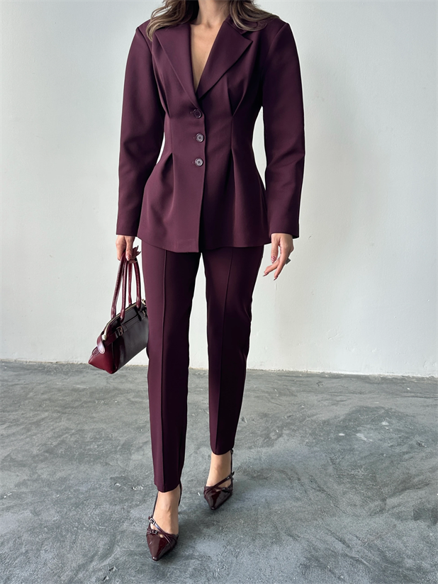 Pile Detay Oturtmalı Blazer Ceket  - Mürdüm