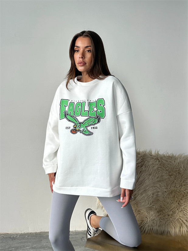 Eagles Üç İplik Oversize Sweat Beyaz - Beyaz