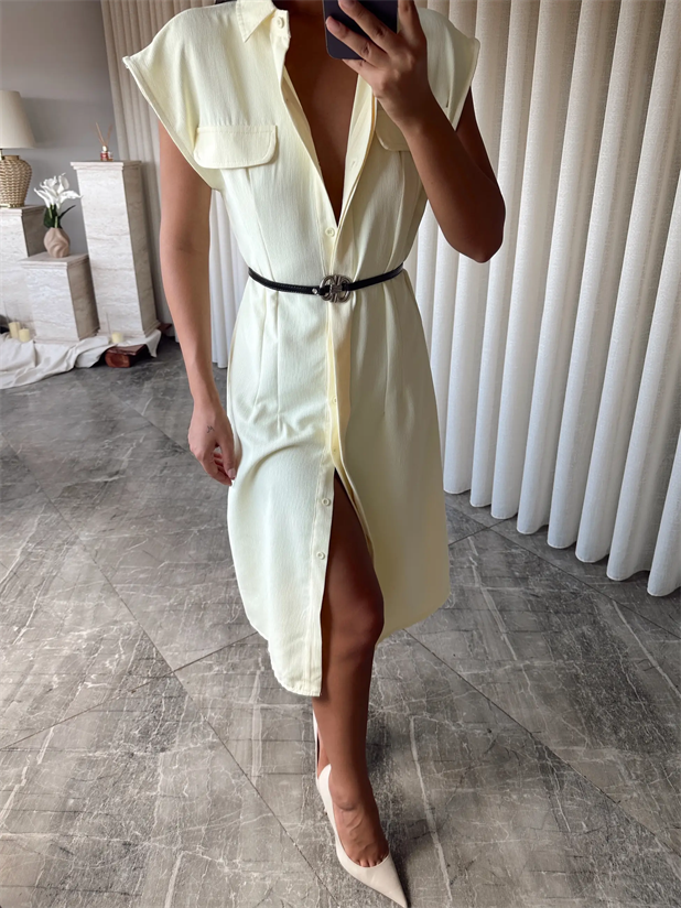 Kemerli Polo Yaka Elbise  - Sarı