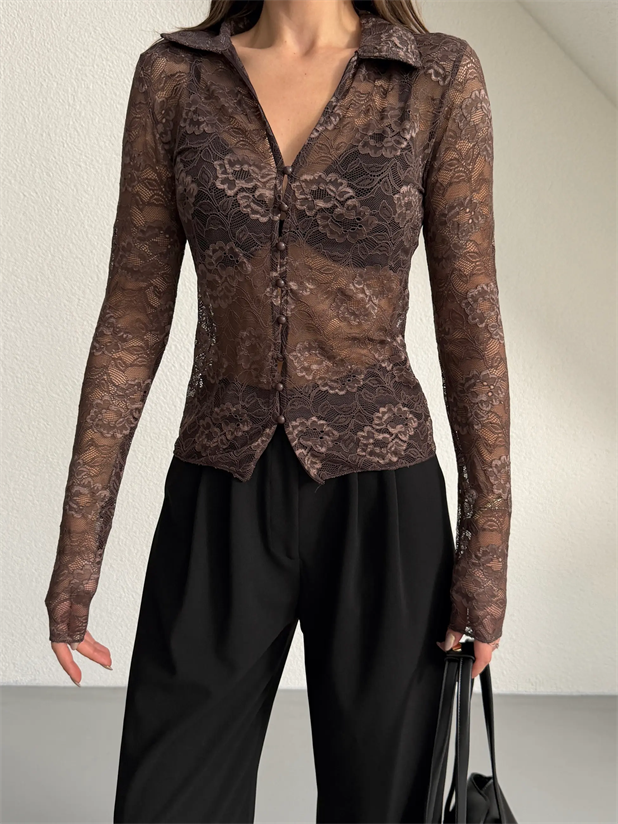 Gömlek Yaka Dantel Bluz - Kahve