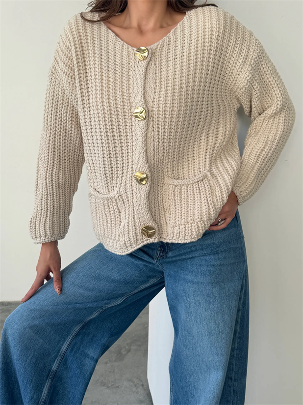 Gold Düğmeli Örme Hırka - Taş