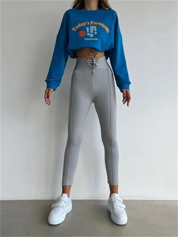 Yüksek Bel Kuşgözü Detay Fitilli Tayt Gri - Gri