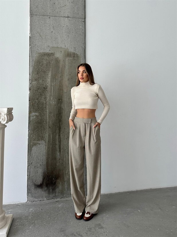 Cırtlı Bel Lastik Pantolon - Ekru